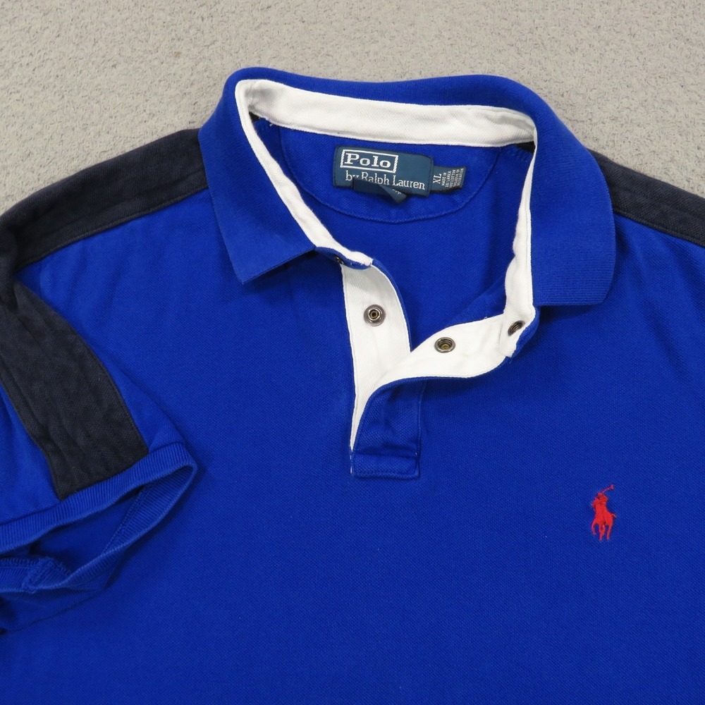 VTG Polo Ralph Lauren Shirt Mens XL Blue Black Rugby Snap Collar Padded Shoulder